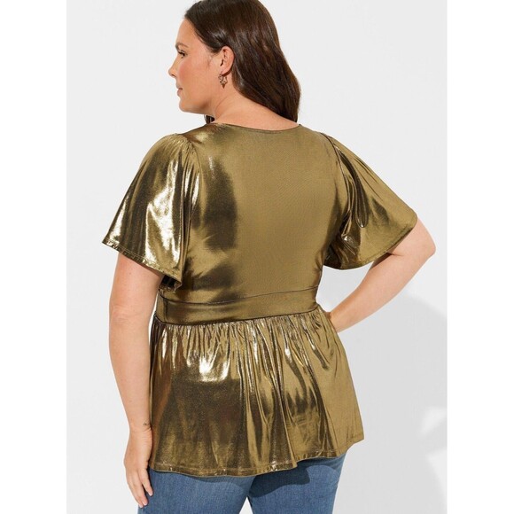 Torrid Women's Plus 2X Gold Shimmer Blouse Short Sleeve Peplum Metallic NWT - Picture 2 of 5